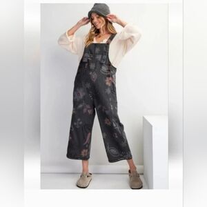 NWT EASEL Black Floral Printed Vintage Wased Overalls Jumpsuit Size Med